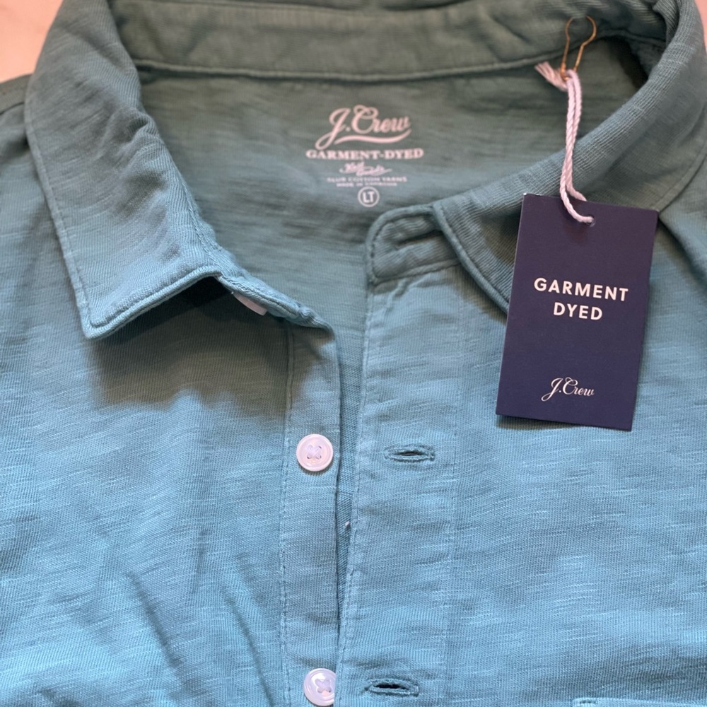 Mens JCrew cotton polo. Garment dyed blue / teal. Size Large Tall.